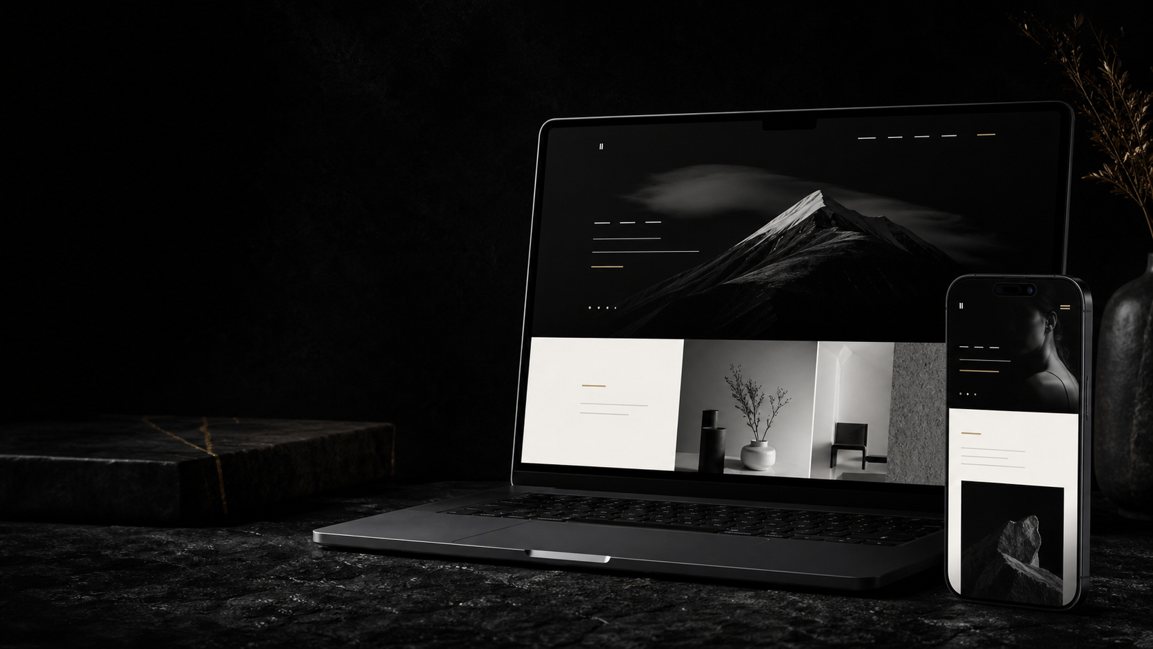 黒を基調にした高級感のあるWebサイトを表示するPCとスマートフォンのモックアップ